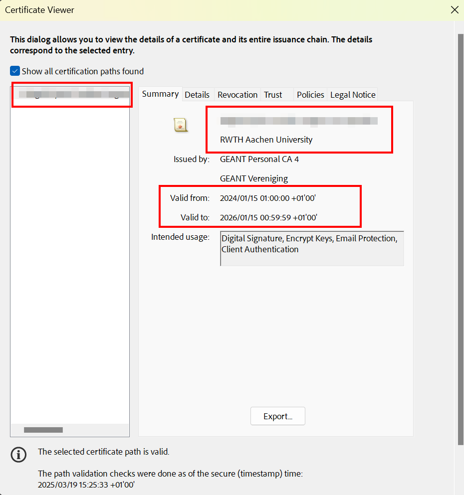 Summary of user certificate data Screenshot of the Certificate Viewer. The Summary is displayed automatically when you select on a certificate.
