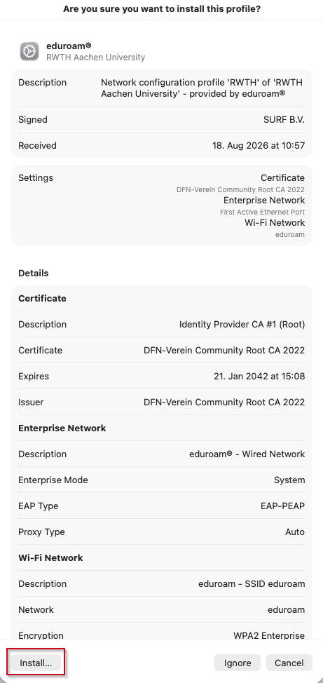 Overview of the eduroam profile.