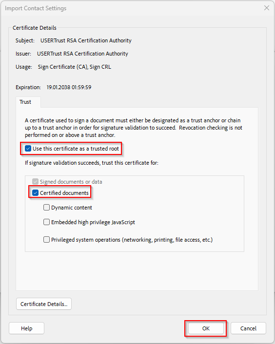 Set the trust level in the dialog box, as described in the instructions.