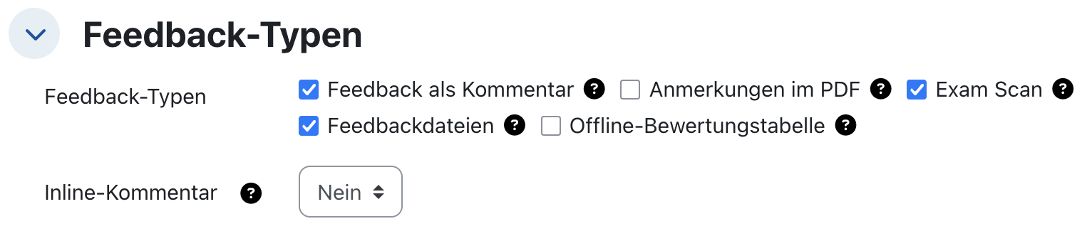 Screenshot der Einstellungsoption "Feedback-Typen" für die Aufgabe. "Feedback als Kommentar", "Exam Scan" und "Feedbackdateien" sind ausgewählt.