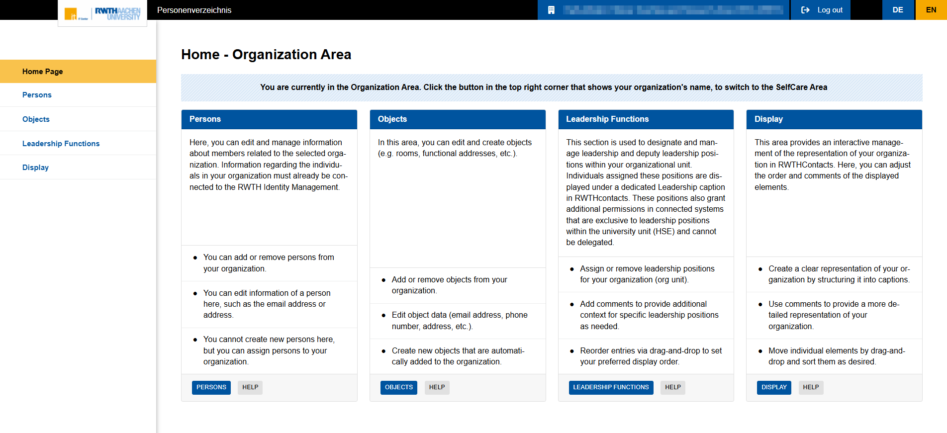 Home page of the Organization area. The sections People, Objects and Display are shown, each with buttons to navigate to the corresponding section.
