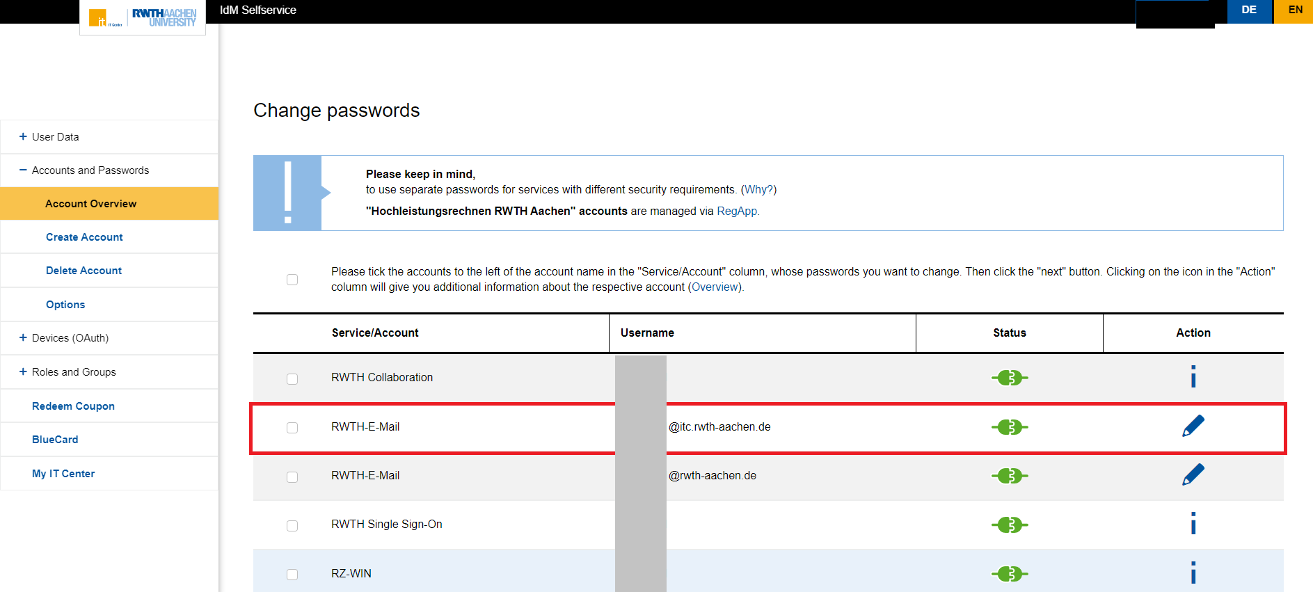 Editing RWTH Service account Editing RWTH Service account