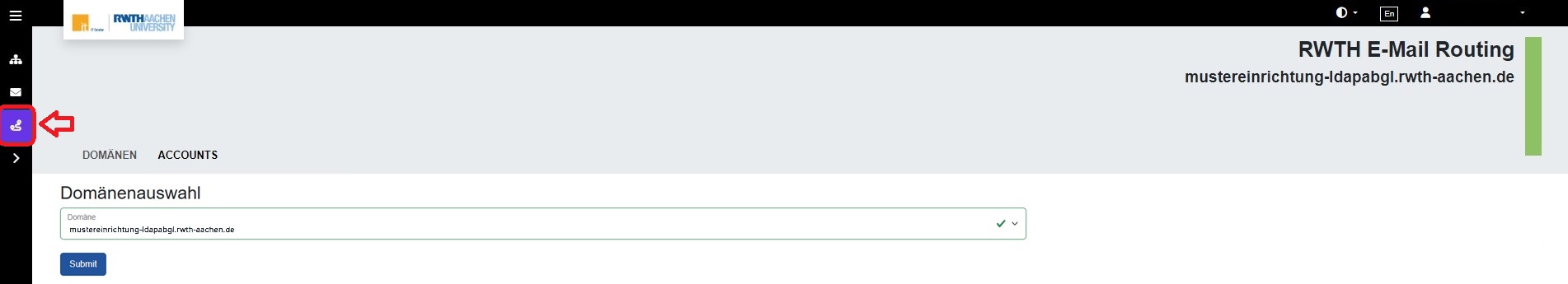Screenshot of the RWTH email web app. The navigation bar is arranged vertically on the left-hand side of the website. The route symbol for “RWTH email routing” appears after selecting ‘ADAM’ and “RWTH email.”