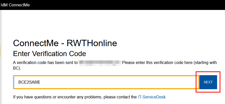 Screenshot of IdM ConnectMe. Under Enter verification code, you will find an input field and the Next button.