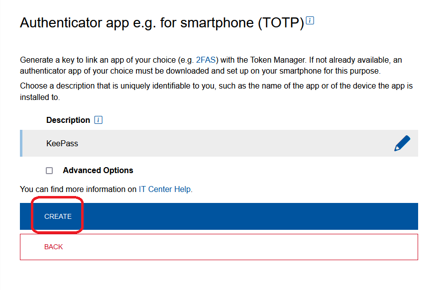 Screenshot of the "Authenticator App e.g. for Smartphone (TOTP)" page. Below "Description" there is a text field. The "Create" button comes next.