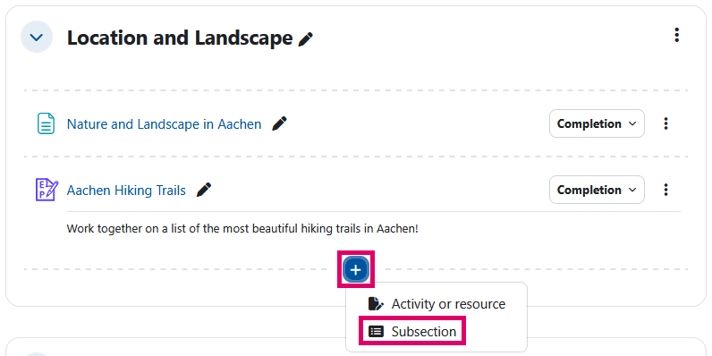 Screenshot: Plus icon highlighted with a menu below showing the options "Activity or resource" and "Subsection", the latter being highlighted.