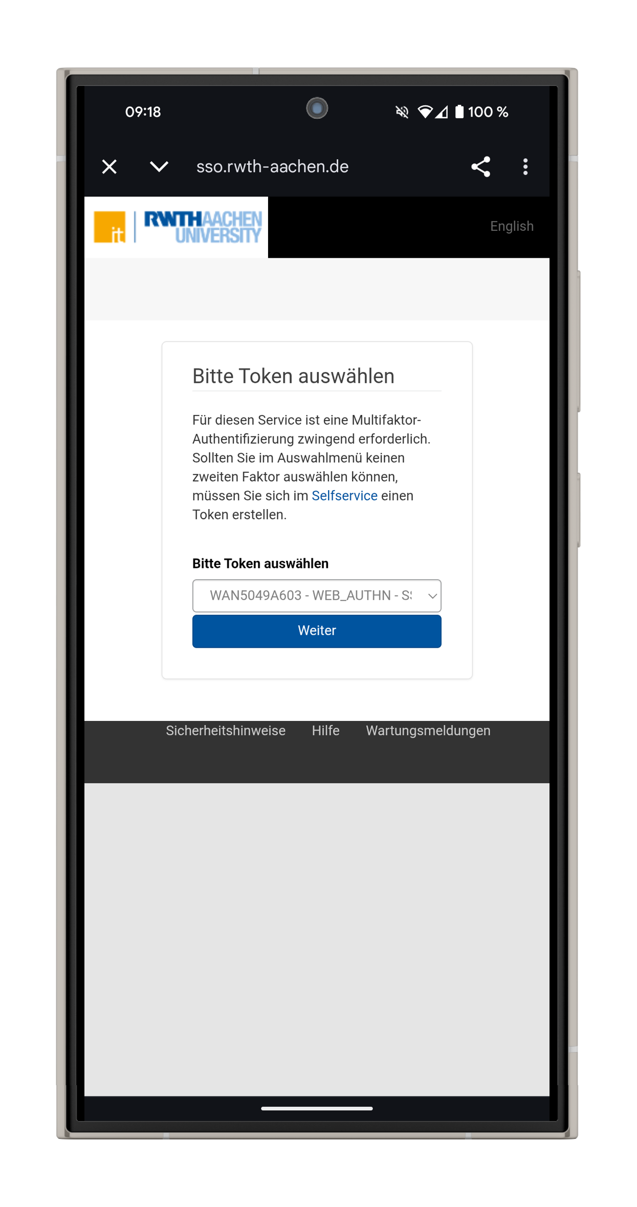 Screenshot der Loginseite. Unter "Bitte Token auswählen" können Sie aus einem Dropdown-Menü ein Token auswählen.