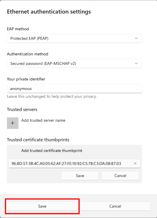 Screenshot of the "Ethernet Authentication Settings" window. The settings are described in steps 8 and 9.