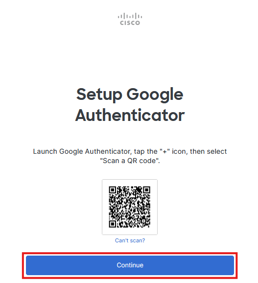 Screenshot des Fensters "Setup Google Authenticator" am Ende der Button "Continue" markiert ist.