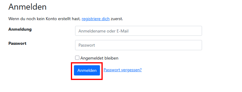 Screenshot der Anmeldeseite, wie in den Schritten 3 und 4 beschrieben.