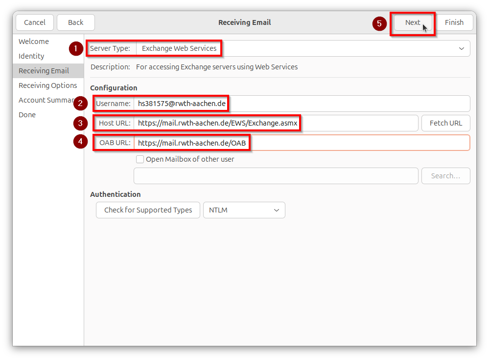 Screenshot of the ‘Identity’ window in which the ‘Server type’, ‘User name’, ‘Host URL’ and ‘OAB URL’ fields are marked in the centre. The ‘Next’ button is also highlighted in the top right-hand corner.