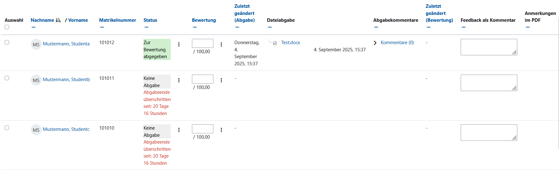 Screenshot: Tabelle mit den Spalten "Auswahl", "Nachname/Vorname", "Matrikelnummer", "Status", "Bewertung", "Zuletzt geändert (Abgabe)", "Dateiabgabe", "Abgabekommentare", "Zuletzt geändert (Bewertung)", "Feedback als Kommentar" und "Anmerkungen im PDF".