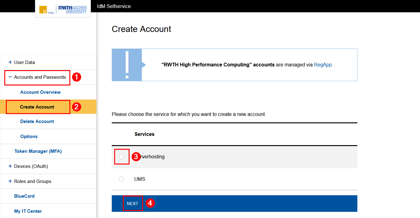 Screenshot of the IdM Selfservice. "Create Account" is the second item in the expandable section "Accounts and Passwords". The page itself is described in step 4.