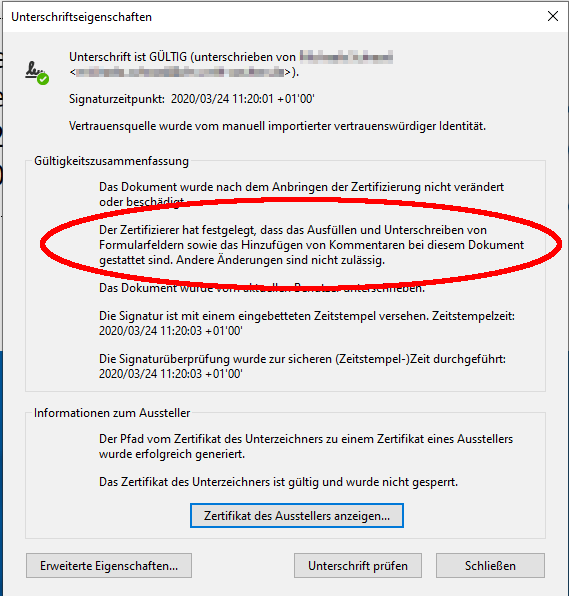 Unterschrifteneigenschaften bei unterschriebenen nicht gesperrten Dokumenten Unterschrifteneigenschaften bei unterschriebenen nicht gesperrten Dokumenten