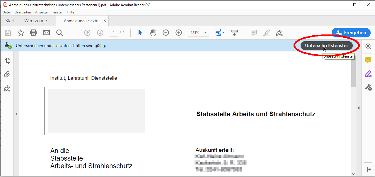 Unterschriftsfenster öffnen Unterschriftsfenster öffnen