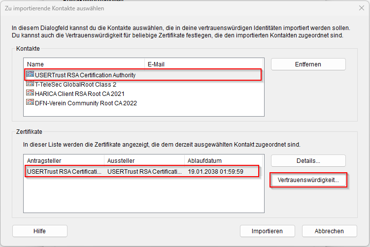 Dialog um die Vertrauenswürdigkeit zu setzen, wie in der Anleitung beschrieben.