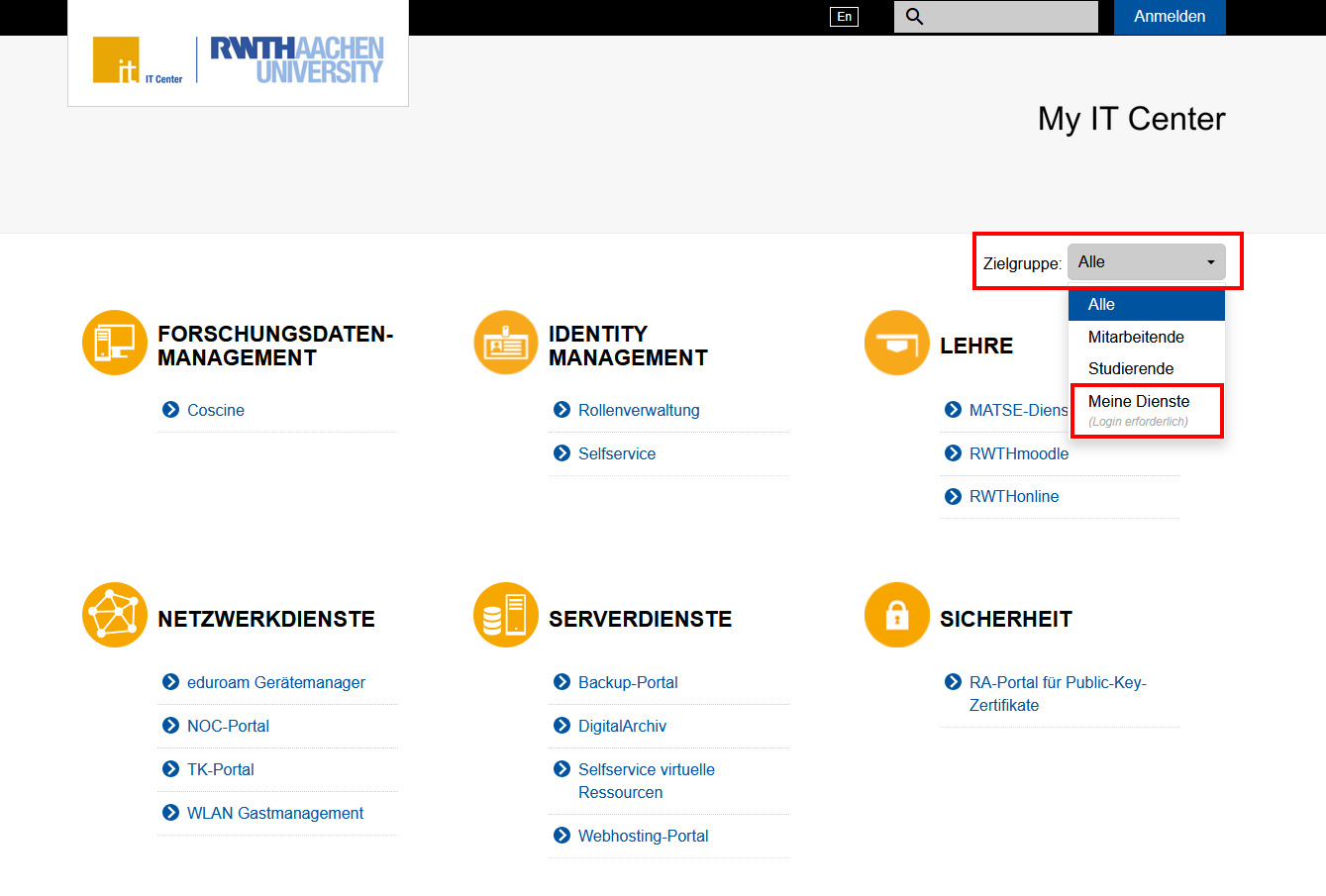 Screenshot des My IT Centers Portals, wie in den Schritten 1-3 beschrieben.