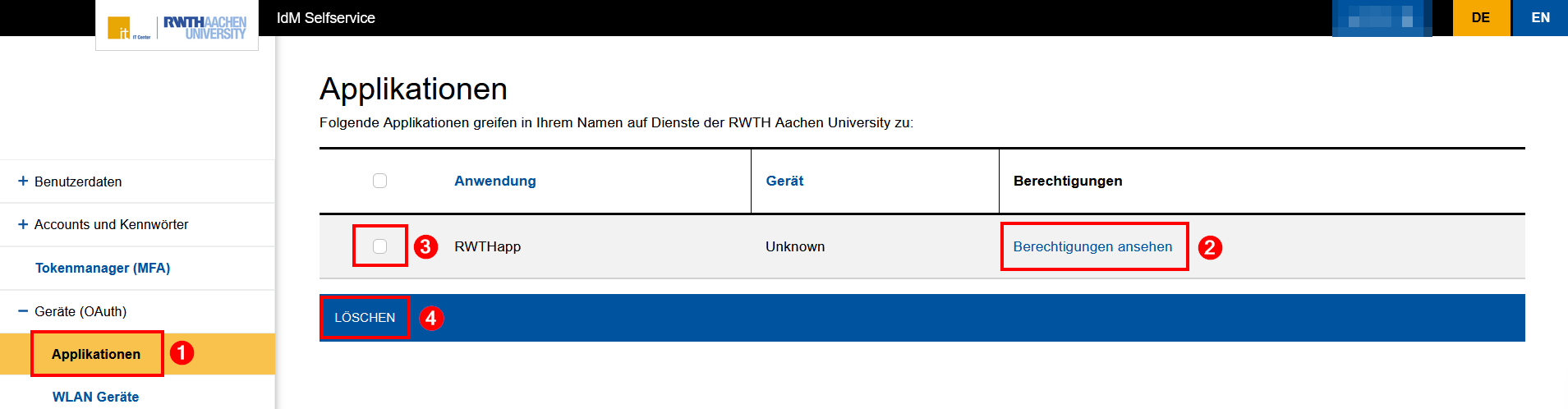 Screenshot des Bereichs "Applikationen" im IdM-Selfservice. Er befindet sich unter dem ausklappbaren Bereich "Geräte (OAuth)". Die Applikationen werden in einer Tabelle mit 3 Spalten aufgelistet: Anwendung, Gerät und Berechtigungen. Unter der Tabelle befindet sich die Schaltfläche "Löschen".