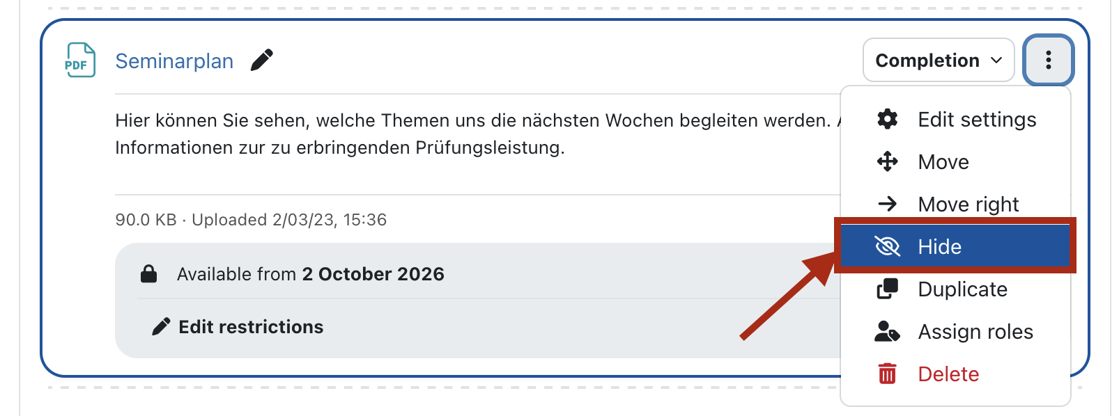 Screenshot: An activity on the course page with opened context menu. The option