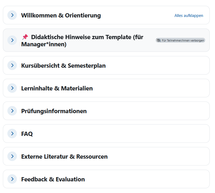 Screenshot: Mehrere Kursraumüberschriften. "Didaktische Hinweise zum Template (für Manager*innen)" ist ausgewählt. 