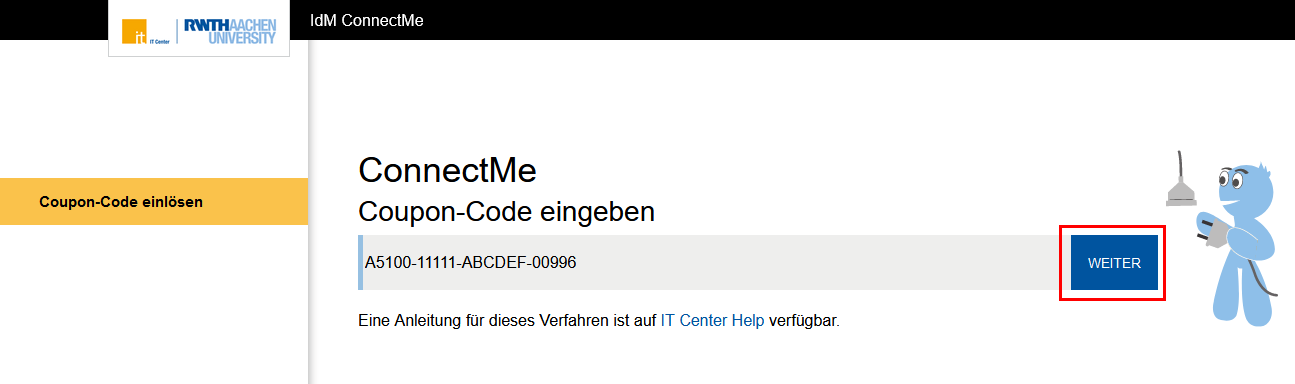 Screenshot der IdM ConnectMe Seite, wie in den Schritten 1 und 2 beschrieben.