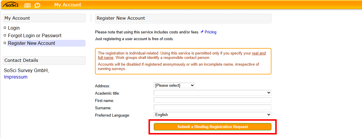 Screenshot of the registration form. You must enter your title, academic titles (if applicable), first name, last name, and preferred language. Below that is the "Submit Binding Registration Request" button.