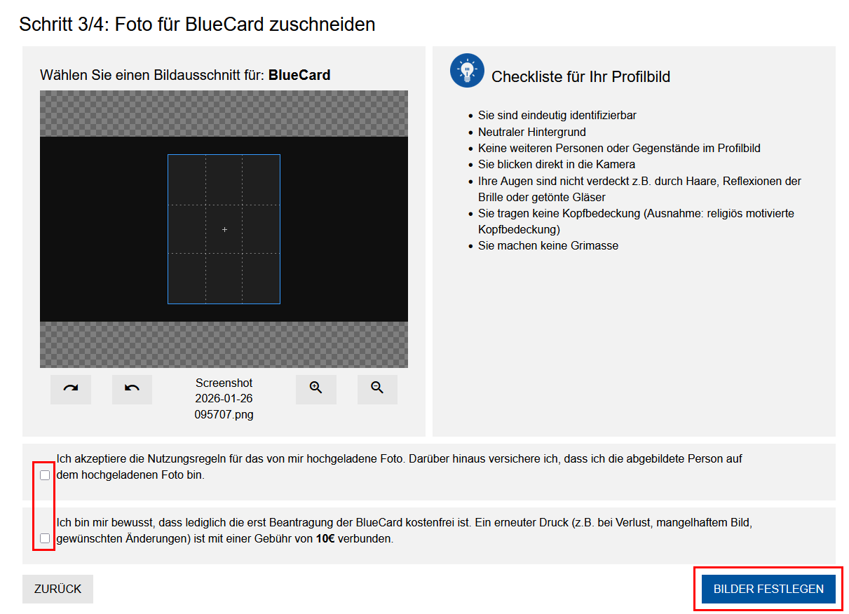 Screenshot des PictureManagers. Unter der Checkliste für Ihr Profilbild befindet sich den Hinweis zur Bildveröffentlichung und zur BlueCard. Darunter befinden sich die Schaltflächen "Zurück" und "Bilder festlegen".