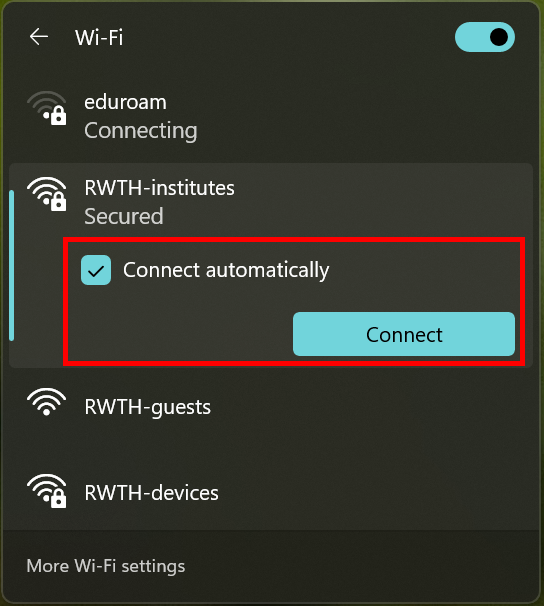Screenshot of the list of available networks. RWTH-institutes is selected. Under RWTH-institutes you will find the “Connect automatically” checkbox and the “Connect” button.