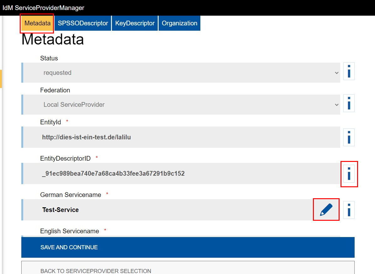 Screenshot of the Metadata tab, as described above.  It is the first of four tabs. The other tabs are: SPSSODescriptor, KeyDescriptor, and Organization.