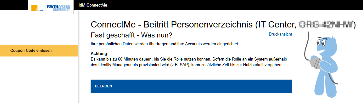 Ein Screenshot der ConnectMe-Seite. Die Seite enthält die Information zum erfolgreichen Einlösen des Coupons. Unter dem Text befindet sich der Button Beenden.