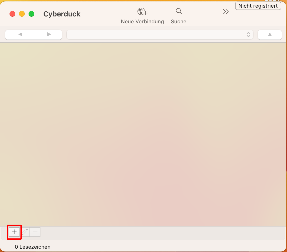 Eine Ansicht vom Hauptmenü in der Cyberduck Anwendung. Es wird unten das Plus-Symbol ausgewählt. Eine Ansicht vom Hauptmenü in der Cyberduck Anwendung. Es wird unten das Plus-Symbol ausgewählt.