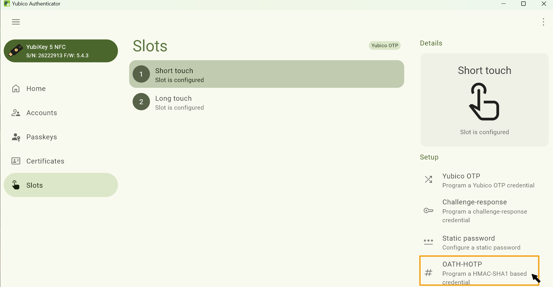 Screenshot of the Yubico Authenticator, the menu item “Slots” is selected. The “OATH-HOTP” option is located at the bottom of the page beneath the “Setup” heading.