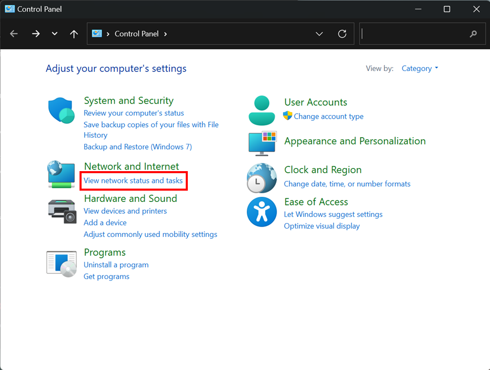 Screenshot of the control panel. The Network and Internet section is located between the System and Security and Hardware and Sound sections.