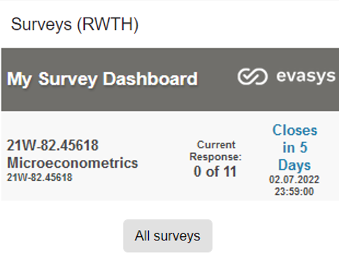 The screenshot show the EvaSys block for a manager. It contains the header "Surveys (RWTH)", and a list with one survey that is ready to be taken. The list is titled "My Survey Dashboard" along with a EvaSys logo. The list entry has the title "21W-82.45618 Microeconometrics", it shows how many participants did the survey along with the maximum number, and the number of days the survey will be available. Beneath this list there is a button titled "All surveys".