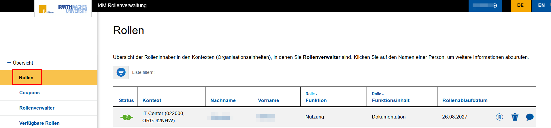 Screenshot des Reiters "Rollen" in der Rollenverwaltung. Die Rollen werden in einer Tabelle aufgelistet. Die Tabelle hat 7 Spalten: Status, Kontext, Nachname, Vorname, Rolle - Funktion, Rolle - Funktionsinhalt und Rollenablaufdatum.