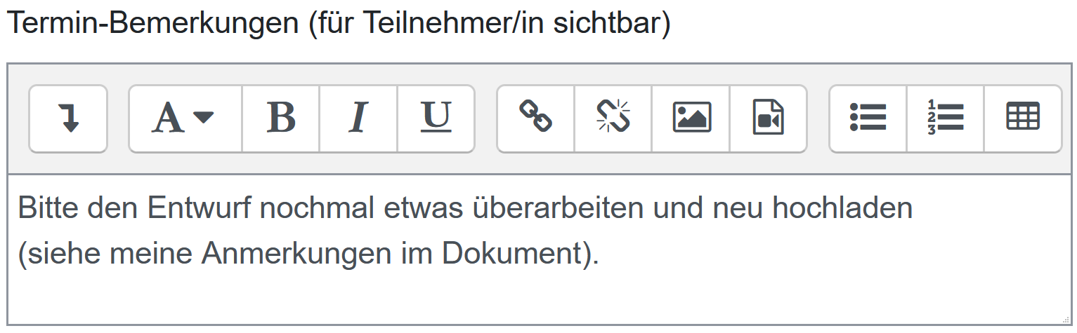 Notizbereich Dieses Bild zeigt den Notizbereich für die Anmeldung.