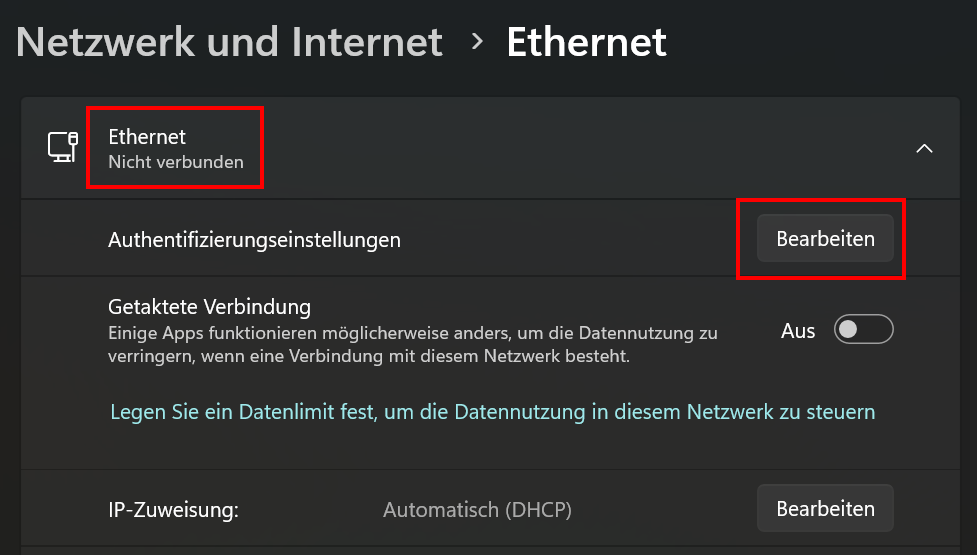Screenshot der Ethernet-Einstellungen.Authentifizierungseinstellungen ist das erste Element, das angezeigt wird, wenn eine Ethernet-Verbindung ausgewählt wird.