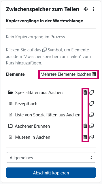 Screenshot: Block mit dem Titel „Zwischenspeicher zum Teilen“. In der Mitte ist die Funktion „Mehrere Elemente löschen“ farblich markiert. In der Liste der Elemente sind die Papierkorb-Icons neben einzelnen Elementen mit einem farbigen Rahmen versehen.