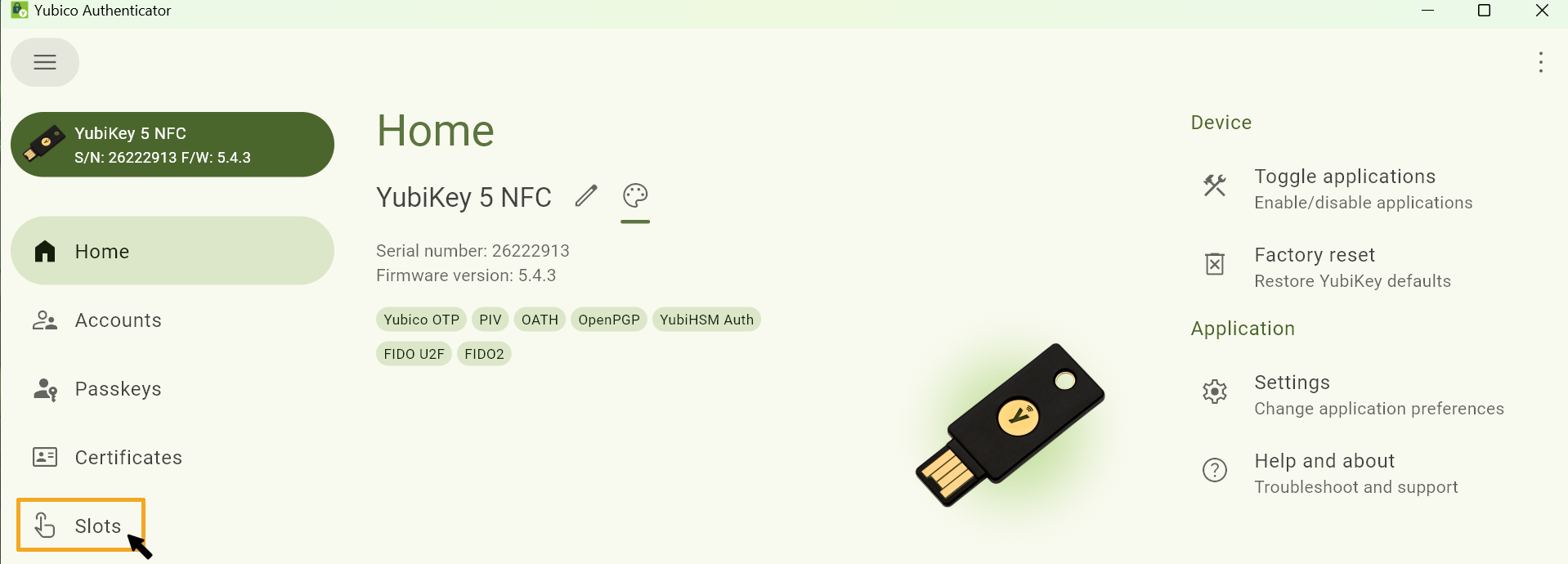 Screenshot of the Yubico Authenticator. The “Slots” button for setting up the key is located beneath “Start, Accounts, Passkeys and Certificates”.