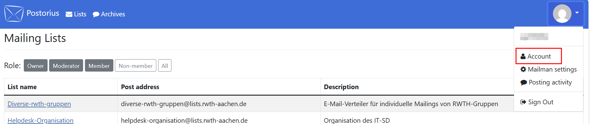 Screenshot of the home page after logging in. The profile picture is located in the navigation bar and is read as your primary email address.