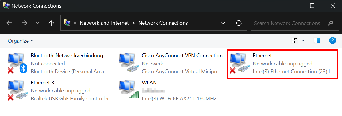 Screenshot of the network connections, listed in alphabetical order. In the screenshot, Ethernet is between the Cisco AnyConnect VPN Connection and the WLAN.