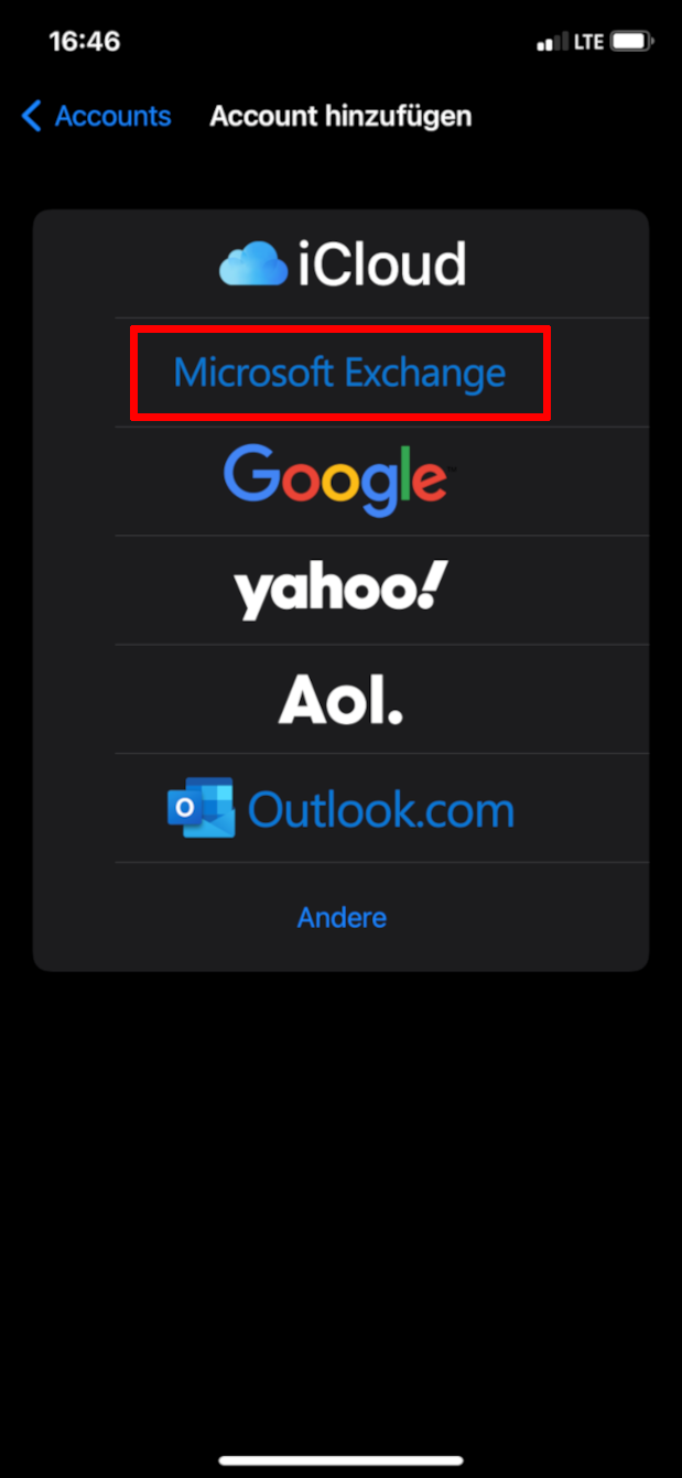 Microsoft Exchange auswählen Microsoft Exchange auswählen
