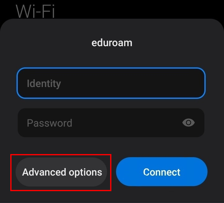 Screenshot of the eduroam pop-up window. The Advanced settings button is located below the login screen, next to the Connect button. (The display may vary depending on the phone model).