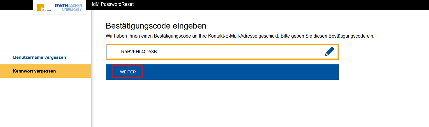 Screenshot der Seite "Bestätigungscode eingeben" im IdM PasswordReset, wie in Schritt 3, Punkt 2 der Anleitung beschrieben