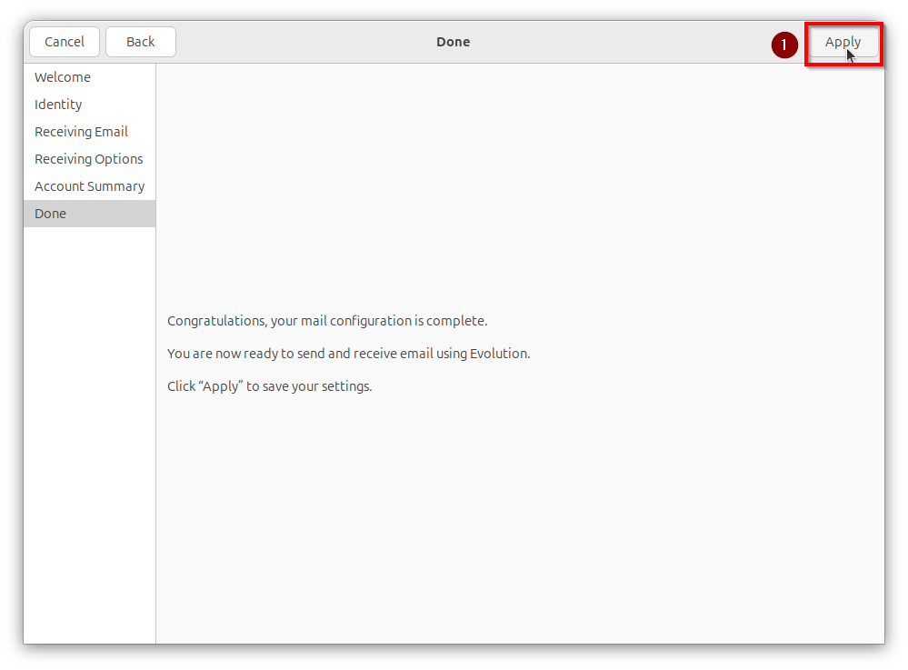 Screenshot of the ‘Done’ window with the ‘Apply’ button marked in the top right-hand corner.