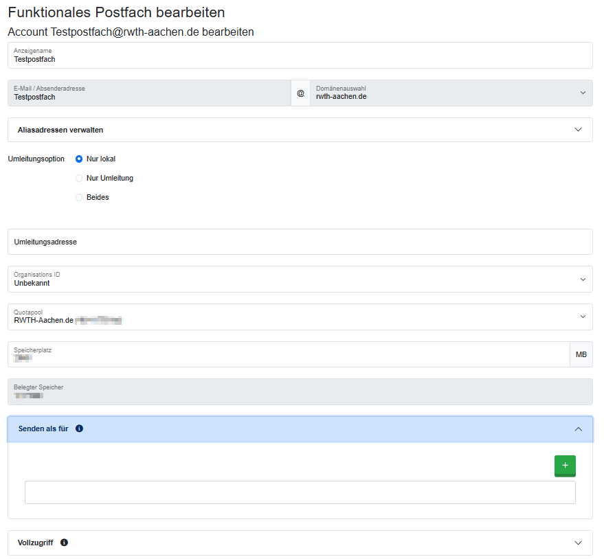 Senden als für über MailAdm konfigurieren Ein Screenshot der MailAdm-Oberfläche. Das Bild zeigt die Bearbeitungsansicht von einem funktionalen Postfach. Die Option "Senden als für" ist ausgeklappt.