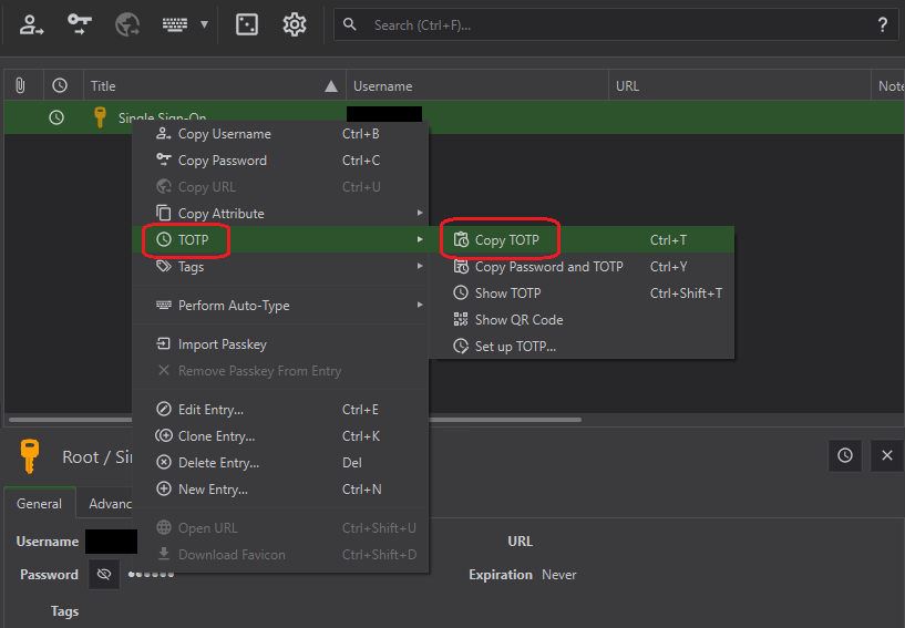 Screenshot of a database. To copy the TOTP, navigate to the corresponding entry and press Ctrl+T.