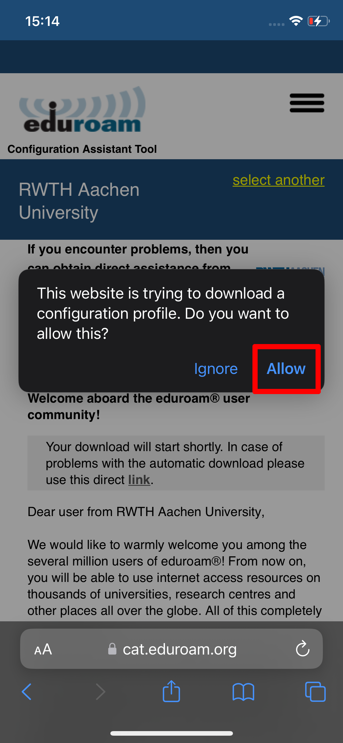 Screenshot of the pop-up window. "This website is trying to download a configuration profile. Do you want to allow this?" You can choose between "Ignore" and "Allow".
