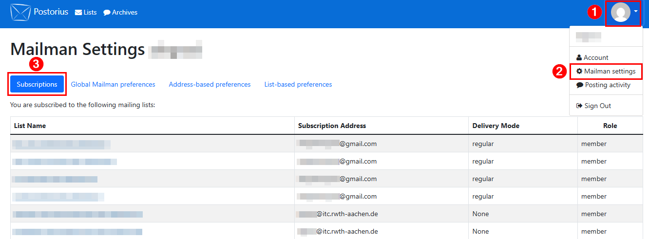 Screenshot of the Subscriptions tab on the page Mailman Settings. The lists are displayed in a table with 4 columns: List name, Subscription Address, Delivery Mode and Role.