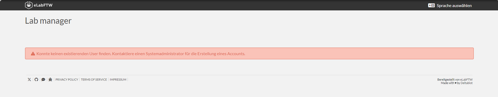 Screenshot der Fehlermeldung "Konnte keinen existierenden User finden, Kontaktiere einen Systemadministrator für die Erstellung eines Accounts." bei der Anmeldung bei eLabFTW. Screenshot der Fehlermeldung "Konnte keinen existierenden User finden, Kontaktiere einen Systemadministrator für die Erstellung eines Accounts." bei der Anmeldung bei eLabFTW.